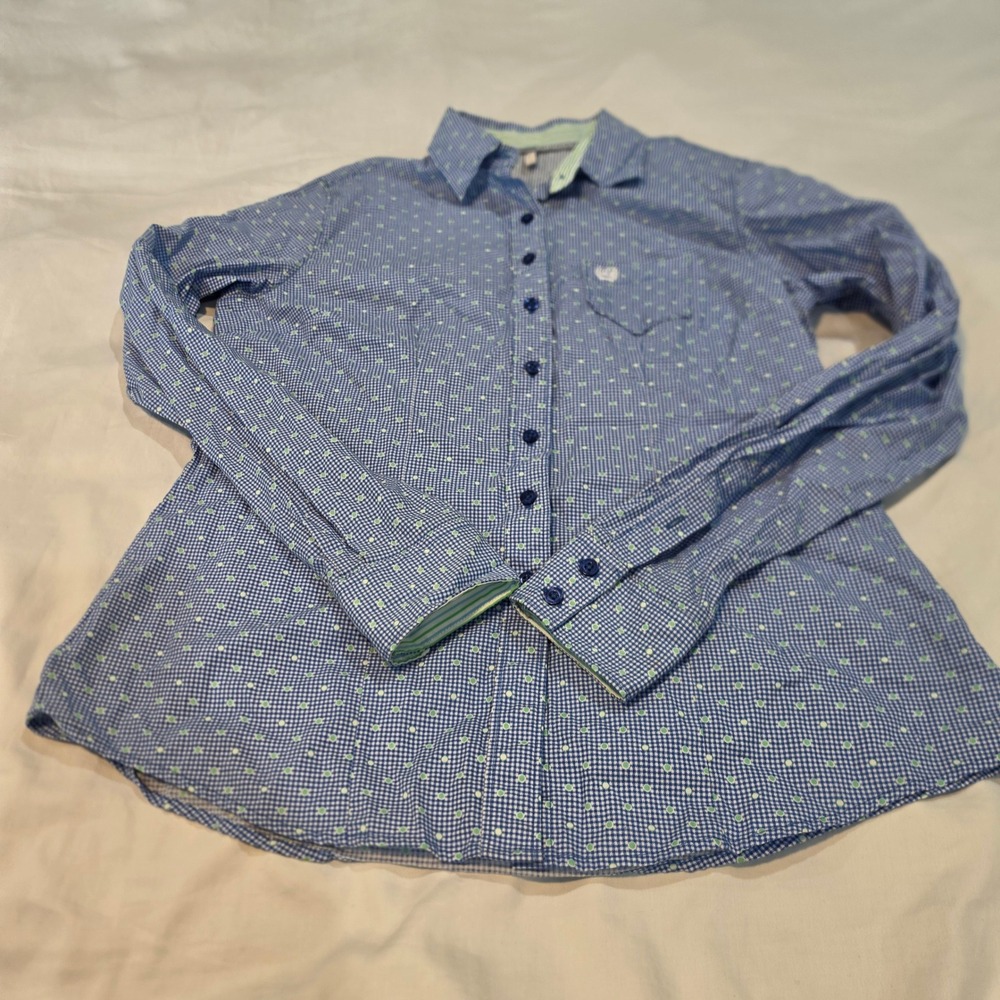 Cinch Button Down Shirt Womens Large Blue Gingham Polka Dot Excellent MSW9164164